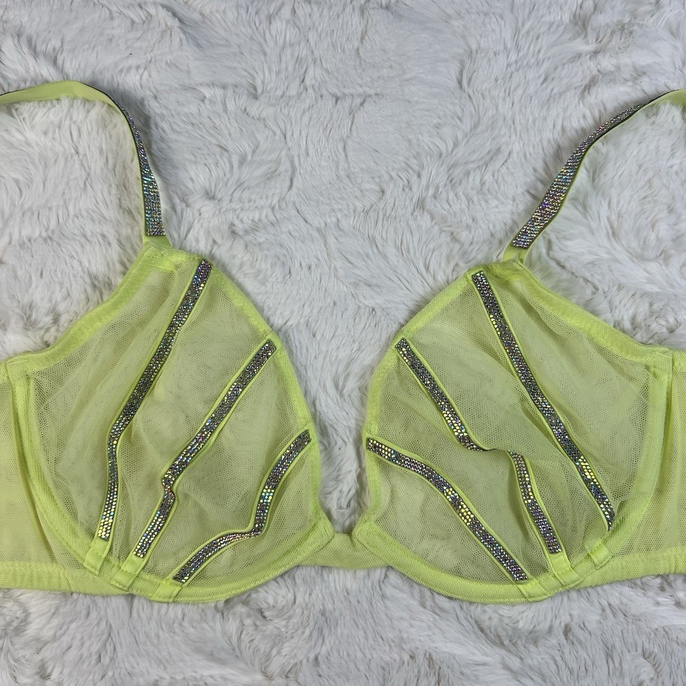 Victoria's Secret Very Sexy Mesh Shine Strap Demi Bra Lime Green Low Cut 36C NWT - Picture 3 of 8